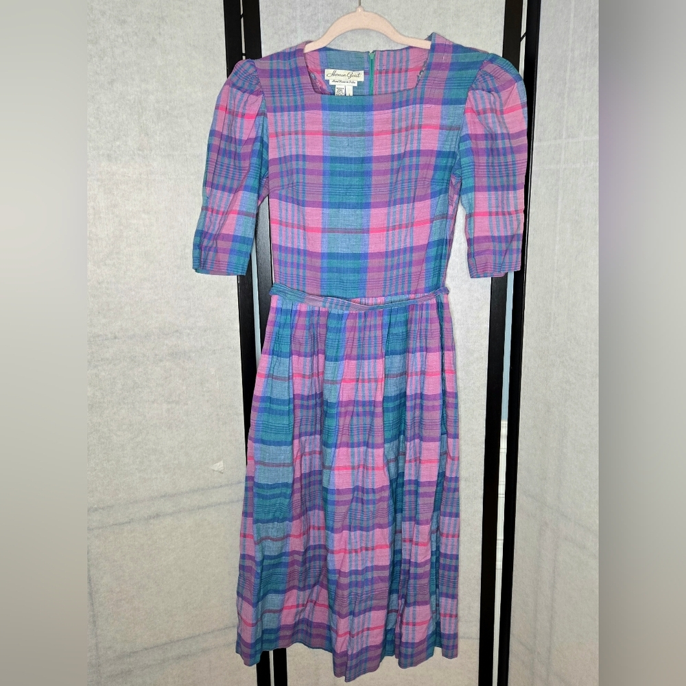Vintage Herman Geist Pink Purple Blue Plaid Midi Linen Cottage Dress Size Small - Picture 4 of 5